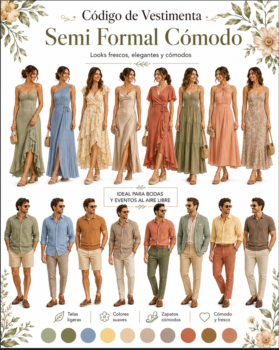 Ejemplos de vestimenta semiformal cómoda para la boda